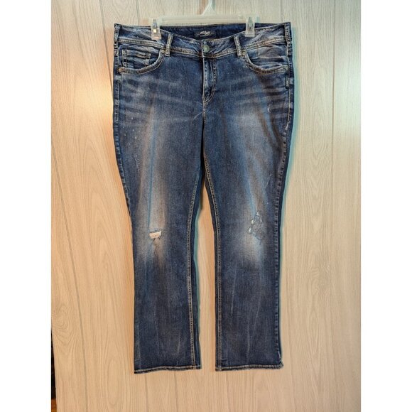 Silver Jean Co. SUKI Mid Rise Slim Boot Denimotion Dark Wash Size 18 Distressed - Picture 1 of 12